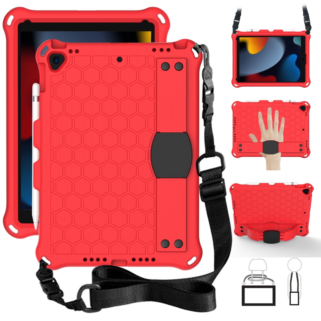 For iPad Air 2019 10.5 Honeycomb Design EVA + PC Four Corner Anti Falling Flat Protective Shell With Straps(Red+Black) For iPad Air 2019 10.5 Honeycomb Design EVA + PC Four Corner Anti Falling Flat Protective Shell With Straps(Red+Black)