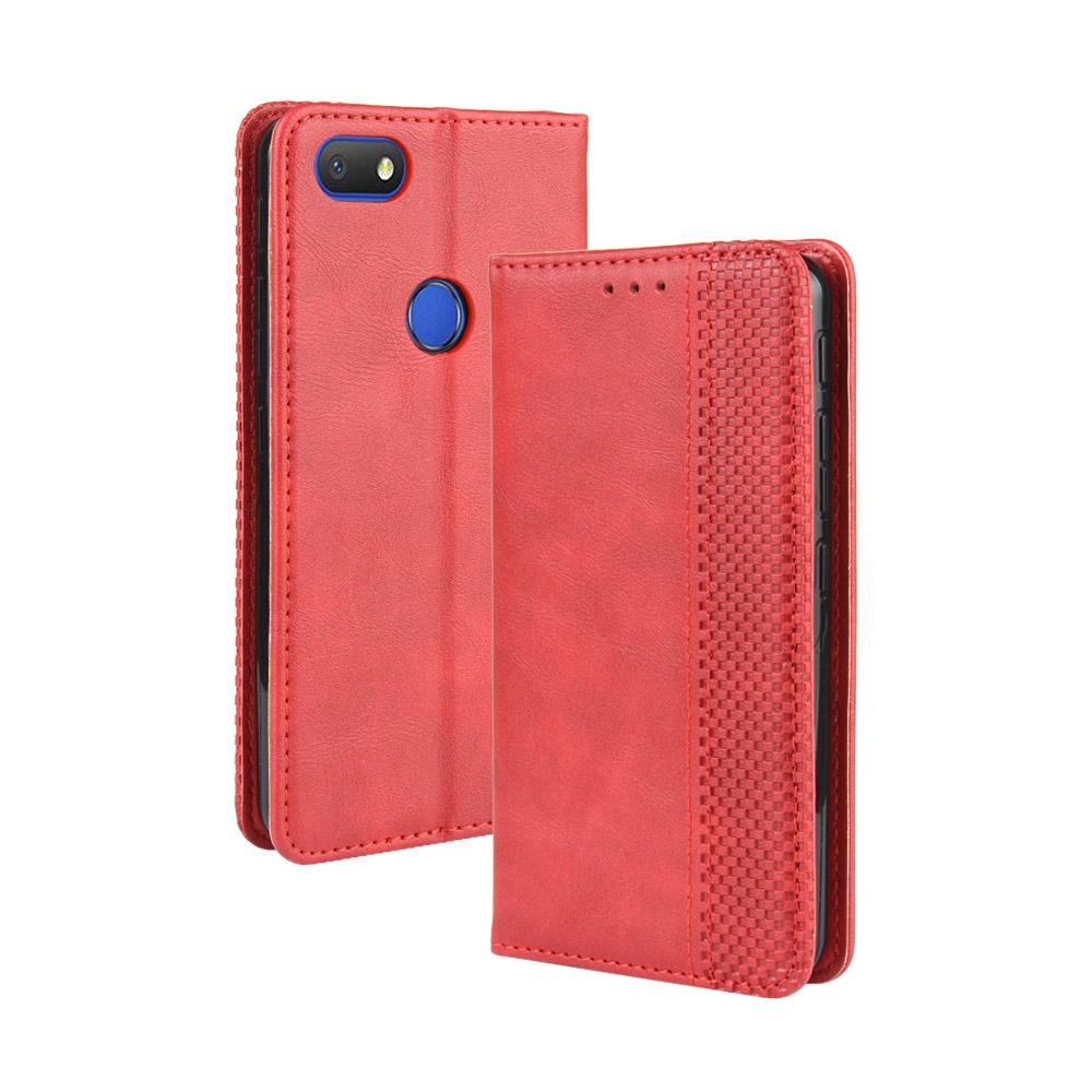 For Alcatel 1V (2019) with Fingerprint Hole Magnetic Buckle Retro Crazy Horse Texture Horizontal Flip Leather Case with Holder & Card Slots & Photo Frame(Red)