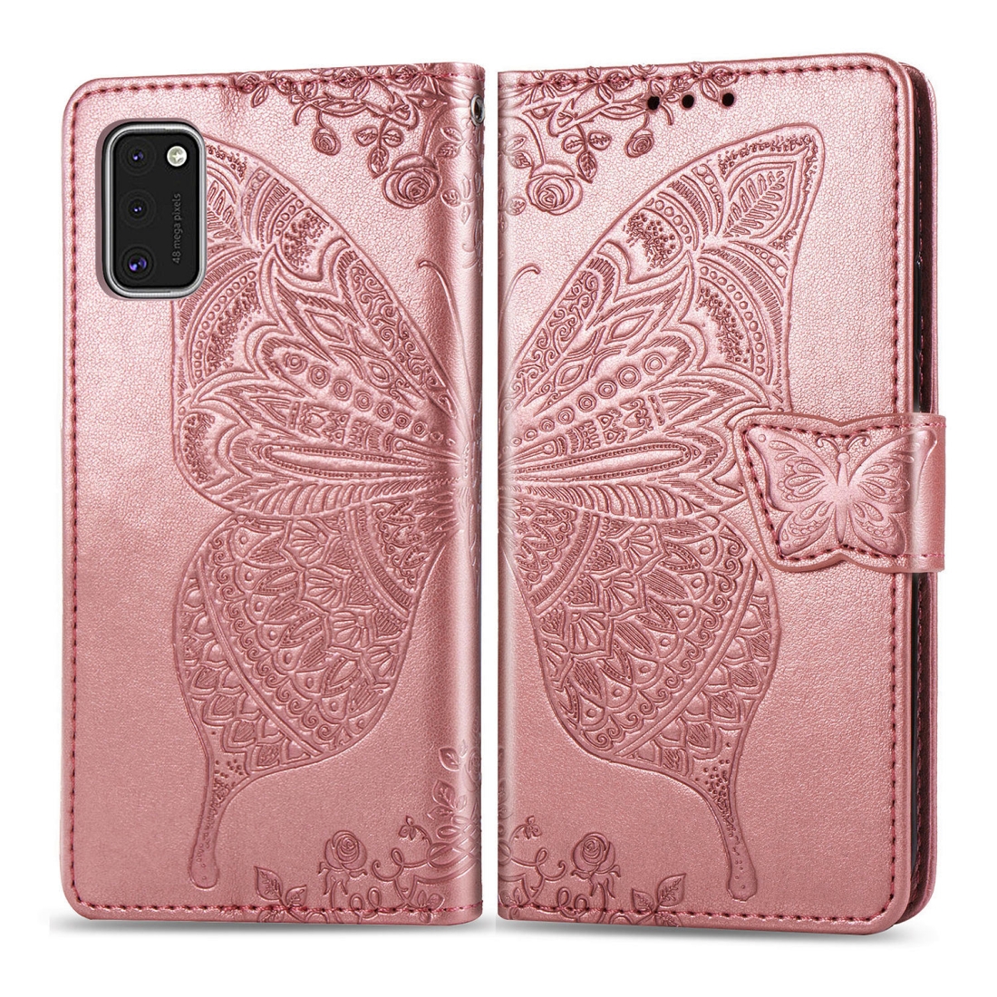 For Galaxy A41 Butterfly Love Flower Embossed Horizontal Flip Leather Case with Bracket / Card Slot / Wallet / Lanyard(Rsoe Gold)
