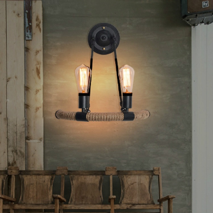 E27 LED Industrial Style Retro Hemp Rope Wrought Iron Wall Lamp, Power source:  Edison Tungsten Wire 40W( Black)