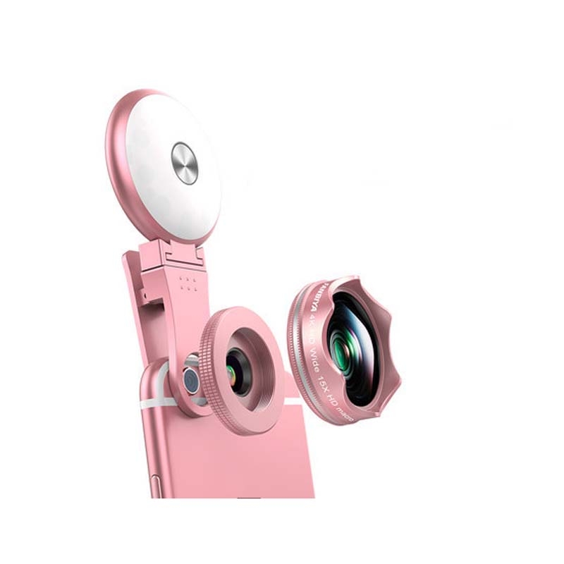 3 in 1 Wide Angle + Macro + Fill Light Mobile Phone SLR Camera Lens(Rose Gold) 3 in 1 Wide Angle + Macro + Fill Light Mobile Phone SLR Camera Lens(Rose Gold)