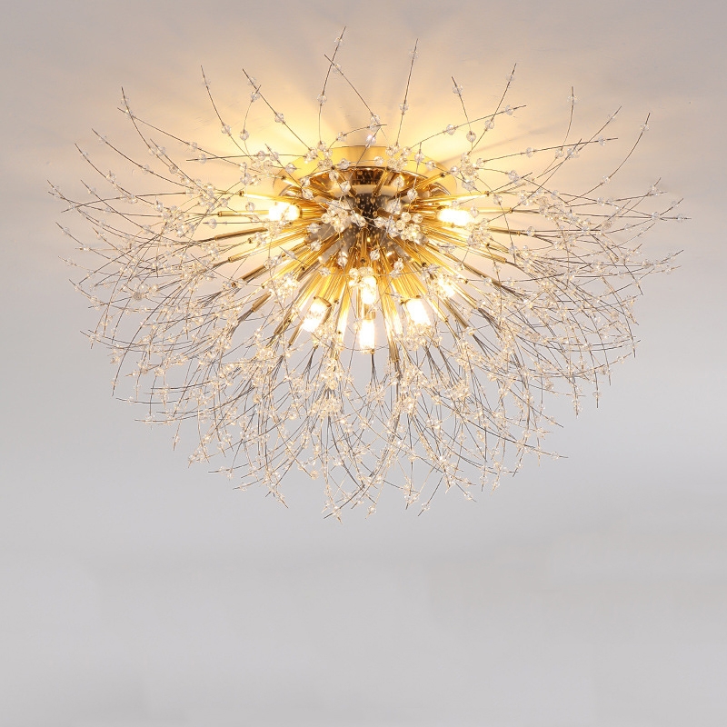 Bedroom Crystal Ceiling Lamp Creative Dandelion Living Room Lamp Dining Room Lamp, Style:Golden (70x38cm, 8 Heads)(Warm Light)