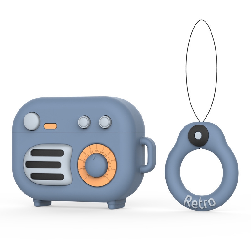 2 PCS Retro Radio Shape Protective Cover Silicone Case for AirPods Pro, Colour: Blue Gray+Finger Ring 2 PCS Retro Radio Shape Protective Cover Silicone Case for AirPods Pro, Colour: Blue Gray+Finger Ring