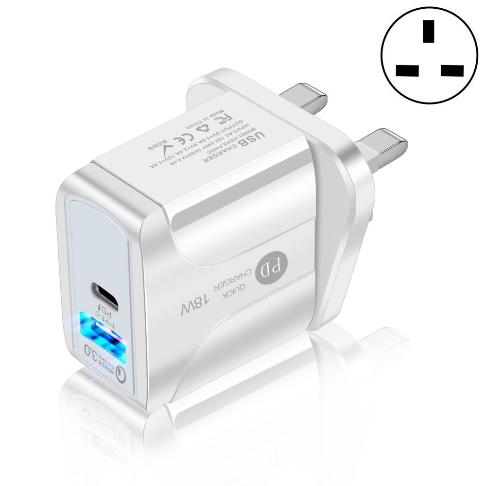 18W PD + QC 3.0 Fast Charge Travel Charger Power Adapter With LED Indication Function(UK Plug White) 18W PD + QC 3.0 Fast Charge Travel Charger Power Adapter With LED Indication Function(UK Plug White)