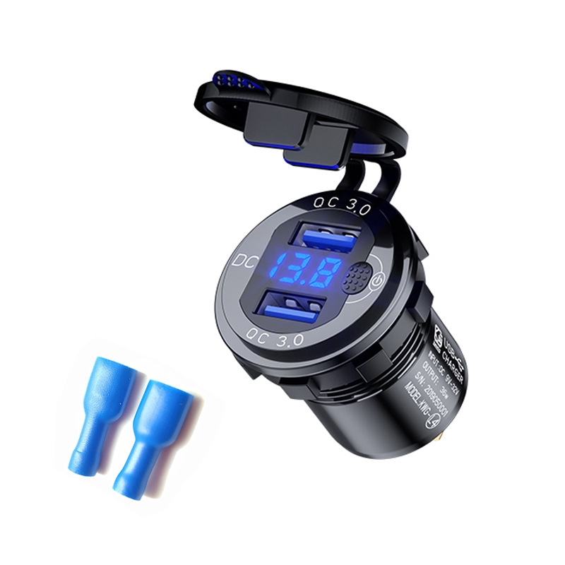 Aluminum Alloy Double QC3.0 Fast Charge With Button Switch Car USB Charger Waterproof Car Charger Specification: Black Shell Blue Light With Terminal Aluminum Alloy Double QC3.0 Fast Charge With Button Switch Car USB Charger Waterproof Car Charger Specification: Black Shell Blue Light With Terminal