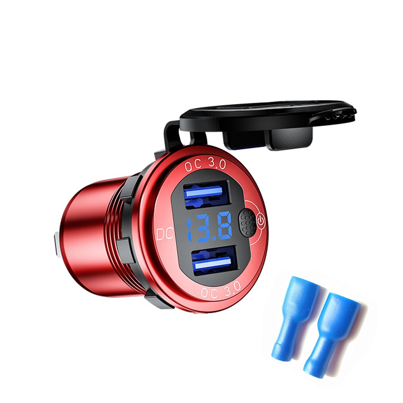 Aluminum Alloy Double QC3.0 Fast Charge With Button Switch Car USB Charger Waterproof Car Charger Specification: Red Shell Blue Light With Terminal Aluminum Alloy Double QC3.0 Fast Charge With Button Switch Car USB Charger Waterproof Car Charger Specification: Red Shell Blue Light With Terminal