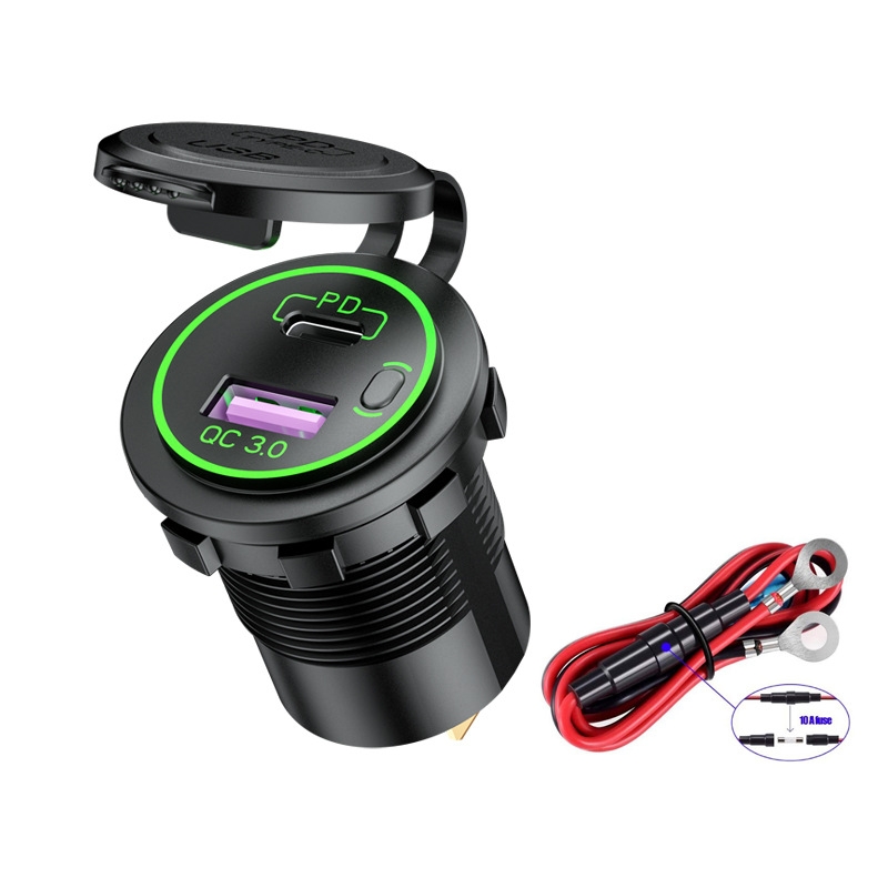 Car Motorcycle Ship Modified USB Charger Waterproof PD + QC3.0 Fast Charge, Model: Green Light With 60cm Line Car Motorcycle Ship Modified USB Charger Waterproof PD + QC3.0 Fast Charge, Model: Green Light With 60cm Line