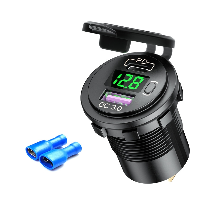 12V Modified Car USB Charger With Voltage Display PD QC3.0 Socket(With Terminal Green Light) 12V Modified Car USB Charger With Voltage Display PD QC3.0 Socket(With Terminal Green Light)
