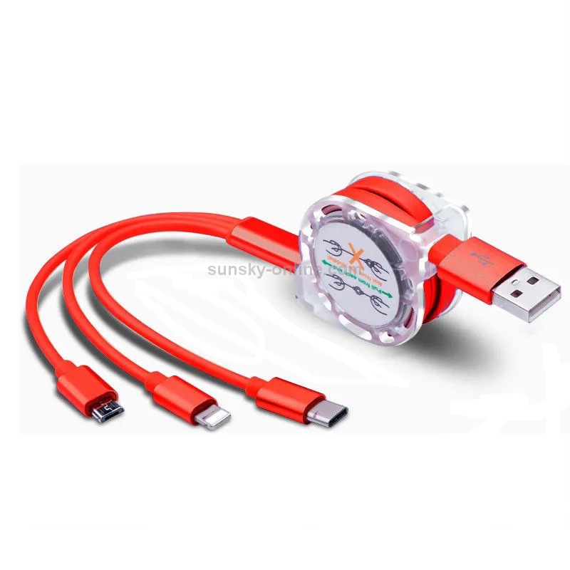 2 PCS ZZ034 USB To 8 Pin + USB-C / Type-C + Micro USB 3 In 1 Fast Charging Cable, Style: Retractable-Red 2 PCS ZZ034 USB To 8 Pin + USB-C / Type-C + Micro USB 3 In 1 Fast Charging Cable, Style: Retractable-Red