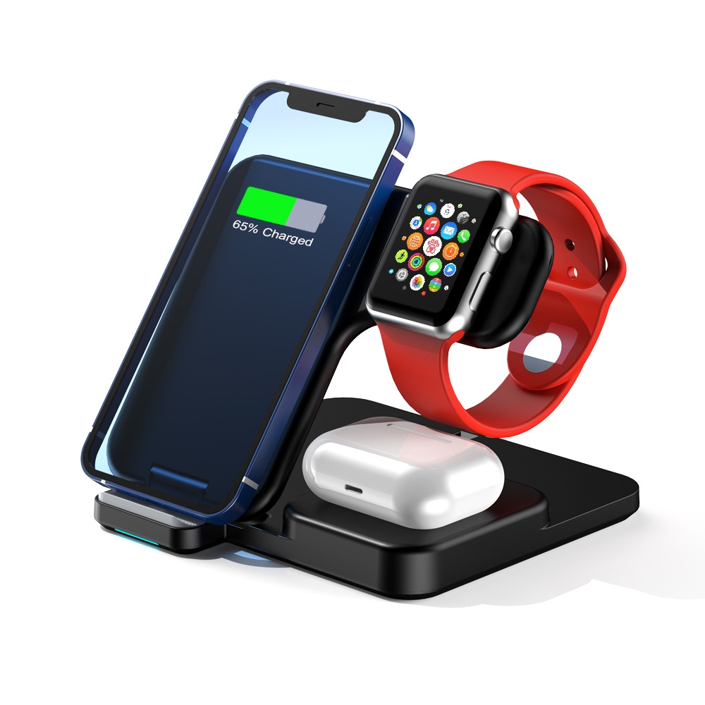 W10 3 in 1 15W Max Portable Folding Wireless Charger For Mobile Phones & iWatch & AirPods(Black)