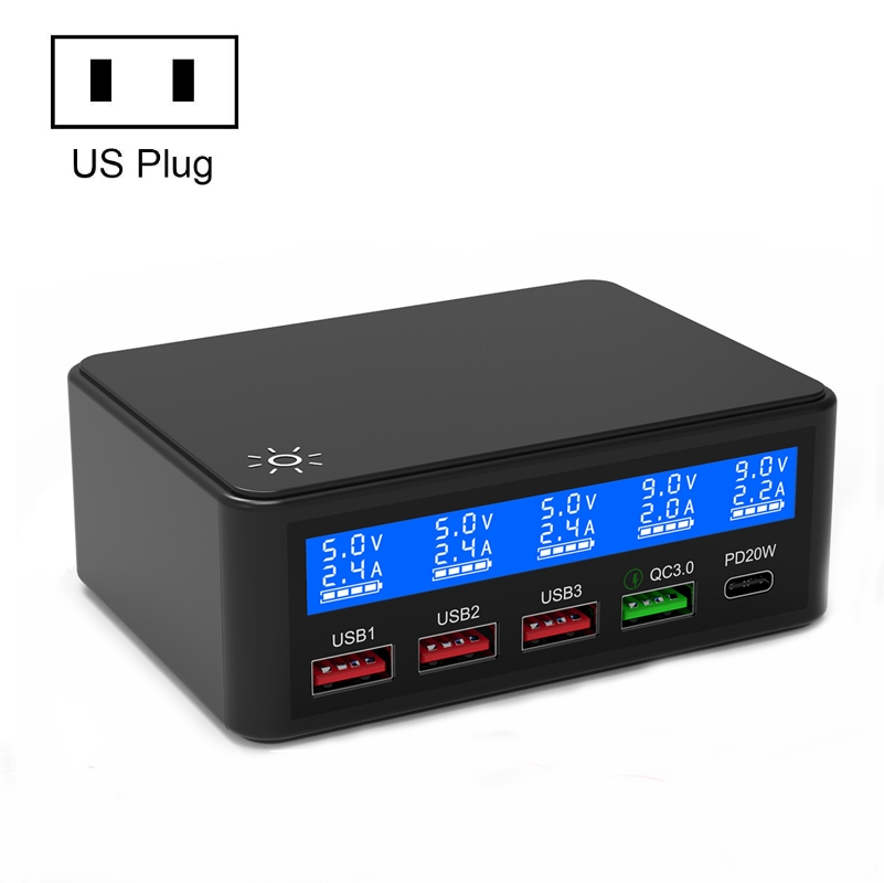 618 QC3.0 + PD20W + 3 x USB Ports Charger with Smart LCD Display, US Plug (Black) 618 QC3.0 + PD20W + 3 x USB Ports Charger with Smart LCD Display, US Plug (Black)