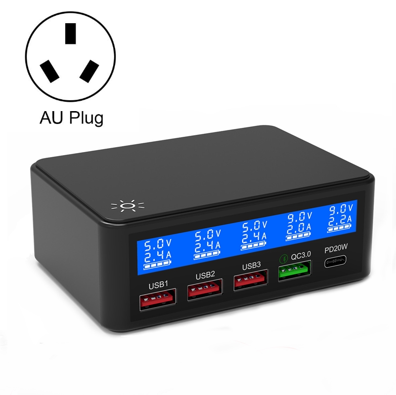 618 QC3.0 + PD20W + 3 x USB Ports Charger with Smart LCD Display, AU Plug (Black) 618 QC3.0 + PD20W + 3 x USB Ports Charger with Smart LCD Display, AU Plug (Black)