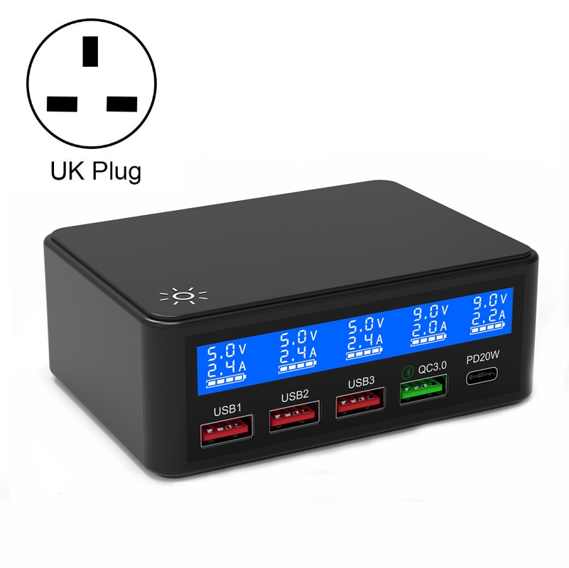 618 QC3.0 + PD20W + 3 x USB Ports Charger with Smart LCD Display, UK Plug (Black) 618 QC3.0 + PD20W + 3 x USB Ports Charger with Smart LCD Display, UK Plug (Black)