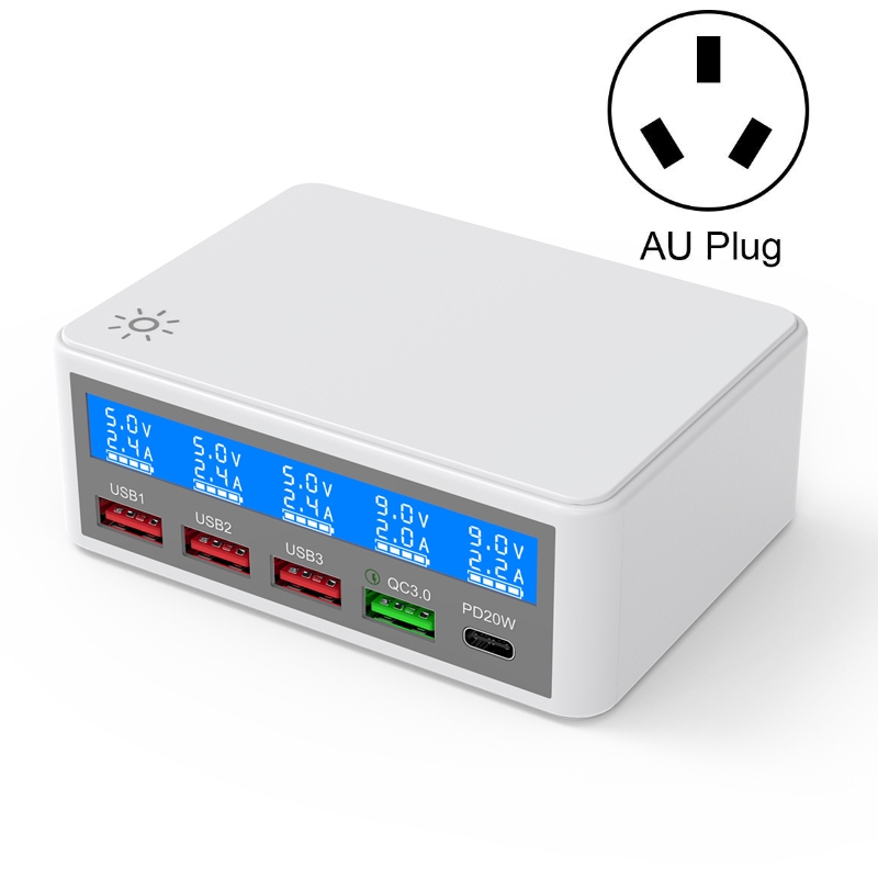618 QC3.0 + PD20W + 3 x USB Ports Charger with Smart LCD Display, AU Plug (White) 618 QC3.0 + PD20W + 3 x USB Ports Charger with Smart LCD Display, AU Plug (White)