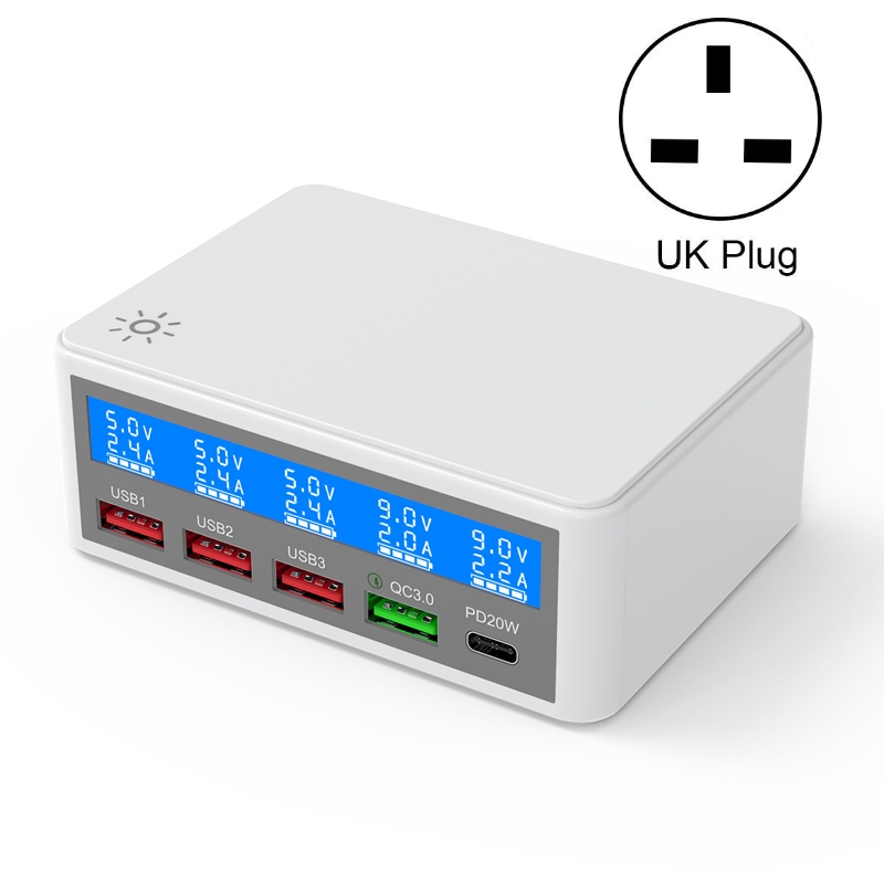 618 QC3.0 + PD20W + 3 x USB Ports Charger with Smart LCD Display, UK Plug (White) 618 QC3.0 + PD20W + 3 x USB Ports Charger with Smart LCD Display, UK Plug (White)