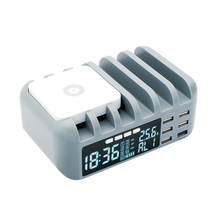 QC 3.0+5 USB Ports+QI Wireless Charging Multi-function Charger with Clock Function,EU Plug(Grey) QC 3.0+5 USB Ports+QI Wireless Charging Multi-function Charger with Clock Function,EU Plug(Grey)