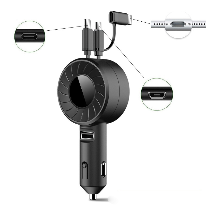 3 In 1 USB Dual Cable Single Pull Retractable Car Charger(Black) 3 In 1 USB Dual Cable Single Pull Retractable Car Charger(Black)