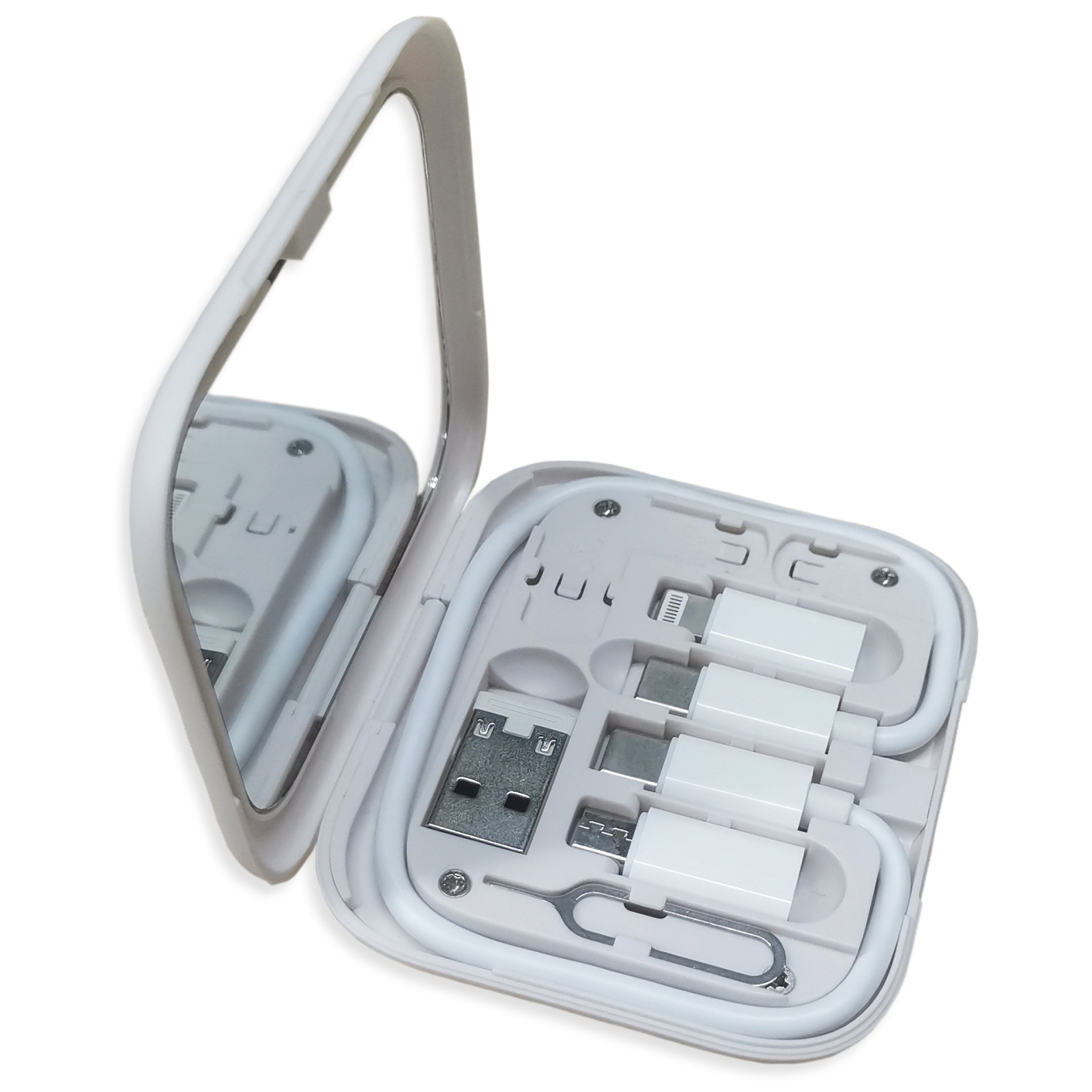 HE-C098 Multi-Functional USB Adapter Charging Cable Kit With Makeup Mirror & Phone Holder(White) HE-C098 Multi-Functional USB Adapter Charging Cable Kit With Makeup Mirror & Phone Holder(White)