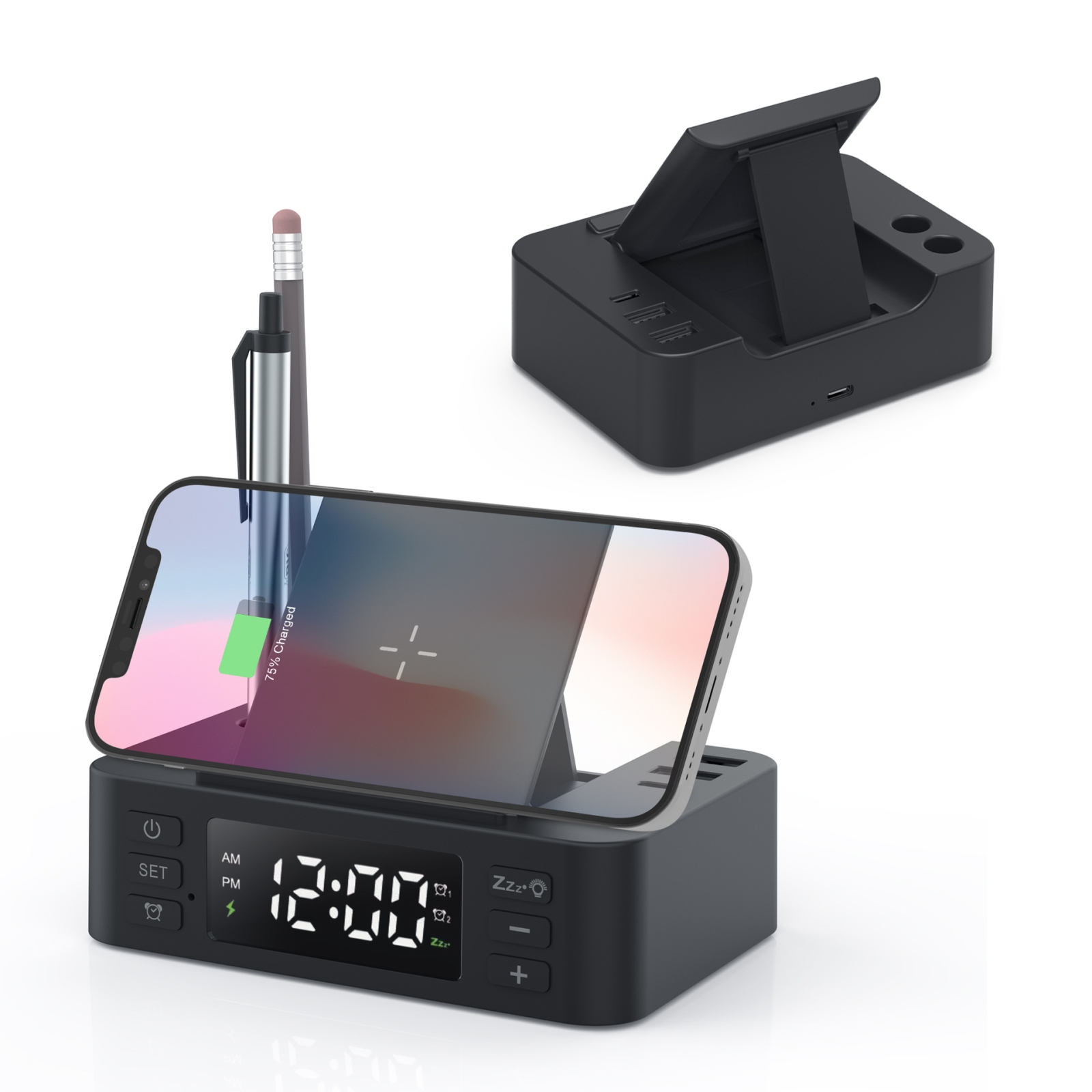 Wireless Charger Alarm Clock Foldable Mobile Stand With Pen Holder & Dual USB +1 Type-C Output(Black) Wireless Charger Alarm Clock Foldable Mobile Stand With Pen Holder & Dual USB +1 Type-C Output(Black)