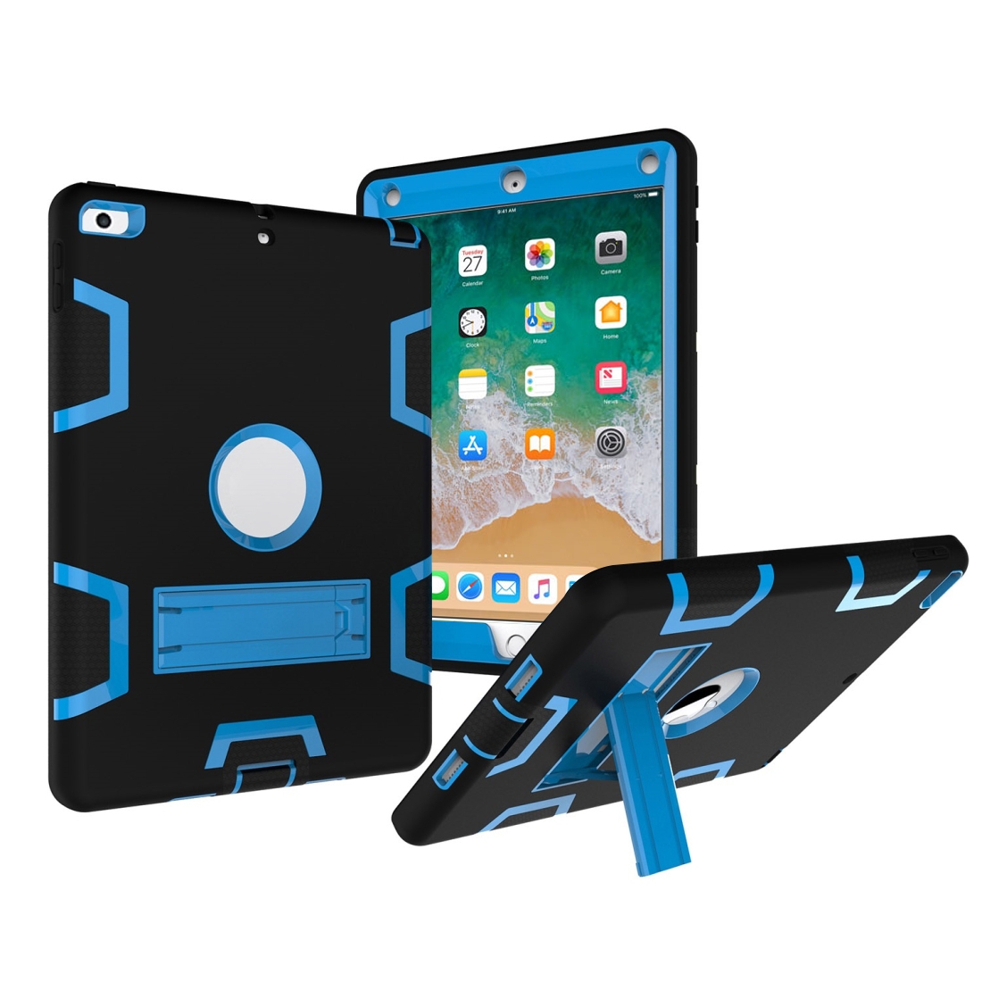 Contrast Color Silicone + PC Shockproof Case for iPad 9.7 inch (2018/2017), with Holder (Blue) Contrast Color Silicone + PC Shockproof Case for iPad 9.7 inch (2018/2017), with Holder (Blue)