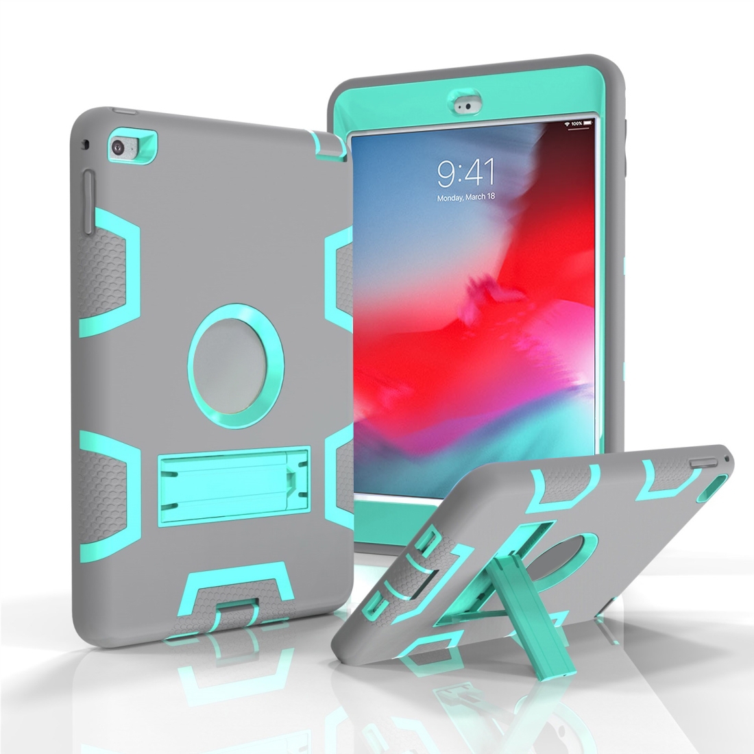 Contrast Color Silicone + PC Shockproof Case for iPad mini 5 / mini 4, with Holder(Grey+Mint Green) Contrast Color Silicone + PC Shockproof Case for iPad mini 5 / mini 4, with Holder(Grey+Mint Green)