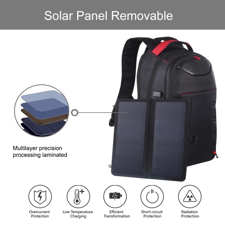 HAWEEL 14W Foldable Removable Solar Power Outdoor Portable Dual Shoulders Laptop Backpack, USB Output: 5V 2.1A Max(Black) - 5