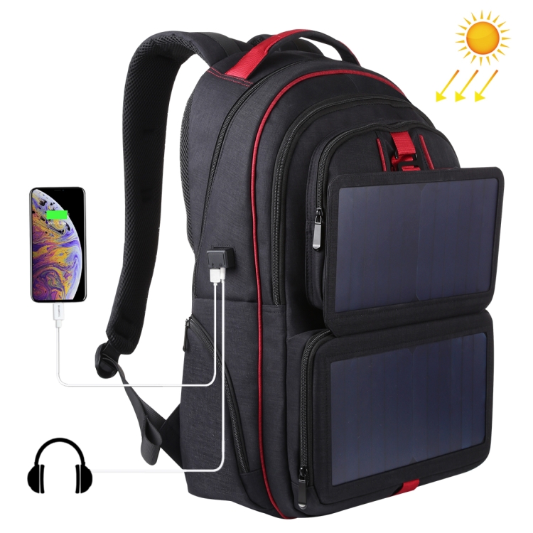 HAWEEL 14W Foldable Solar Power Outdoor Portable Canvas Dual Shoulders Laptop Backpack, USB Output: 5V 2.1A Max(Black) - 1