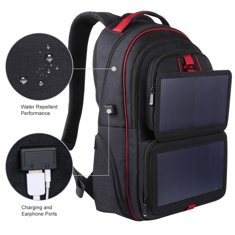 HAWEEL 14W Foldable Solar Power Outdoor Portable Canvas Dual Shoulders Laptop Backpack, USB Output: 5V 2.1A Max(Black) - 4