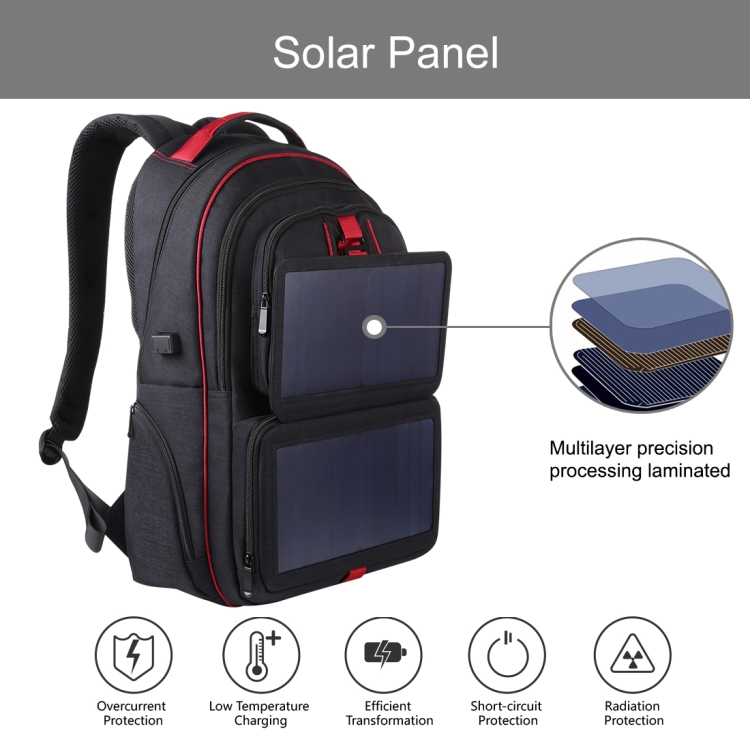HAWEEL 14W Foldable Solar Power Outdoor Portable Canvas Dual Shoulders Laptop Backpack, USB Output: 5V 2.1A Max(Black) - 5