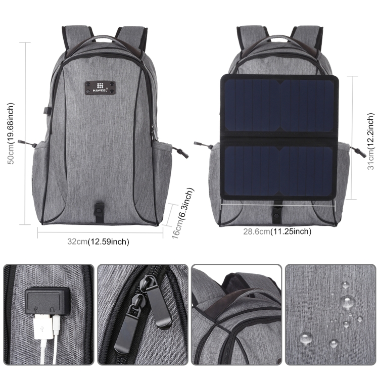 HAWEEL 14W Foldable Removable Solar Power Outdoor Portable Canvas Dual Shoulders Laptop Backpack, USB Output: 5V 2.1A Max(Grey) - 2