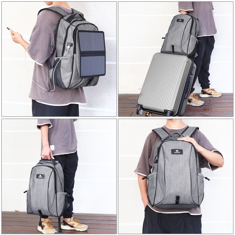 HAWEEL 14W Foldable Removable Solar Power Outdoor Portable Canvas Dual Shoulders Laptop Backpack, USB Output: 5V 2.1A Max(Grey) - 9
