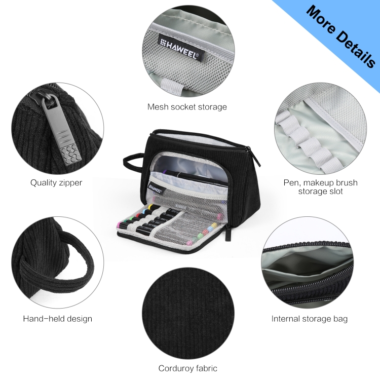 HAWEEL Corduroy Triangular Pen Case Makeup Pouch Travel Cosmetic Organizer Bag (Black) - 2