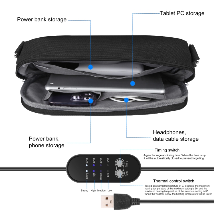 HAWEEL Messenger Shoulder Small Bag Digital Tablet Phone Warmer Storage Bag with Hand Warmer(Black) - 5