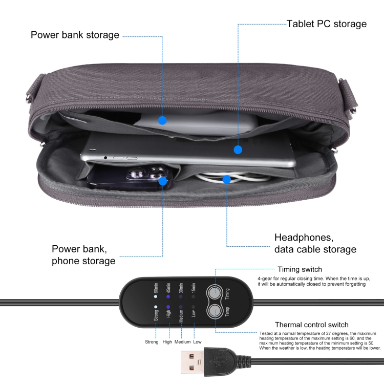 HAWEEL Messenger Shoulder Small Bag Digital Tablet Phone Warmer Storage Bag with Hand Warmer(Grey) - 5