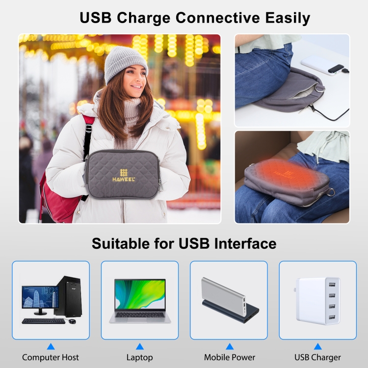 HAWEEL Messenger Shoulder Small Bag Digital Tablet Phone Warmer Storage Bag with Hand Warmer(Grey) - 6