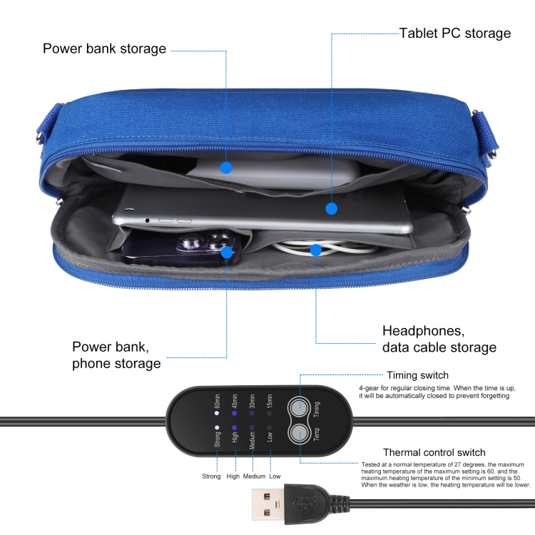 HAWEEL Messenger Shoulder Small Bag Digital Tablet Phone Warmer Storage Bag with Hand Warmer(Blue) - 5