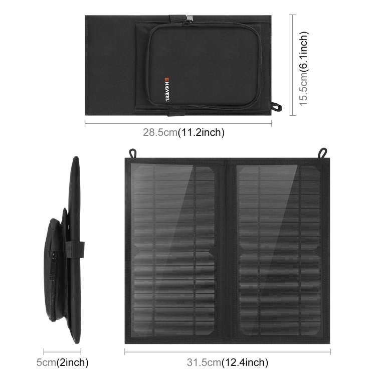 HAWEEL 12W 2 Panels Foldable Solar Panel Charger Bag with 5V / 3.1A Max Dual USB Ports, Support QC3.0 and AFC - 2