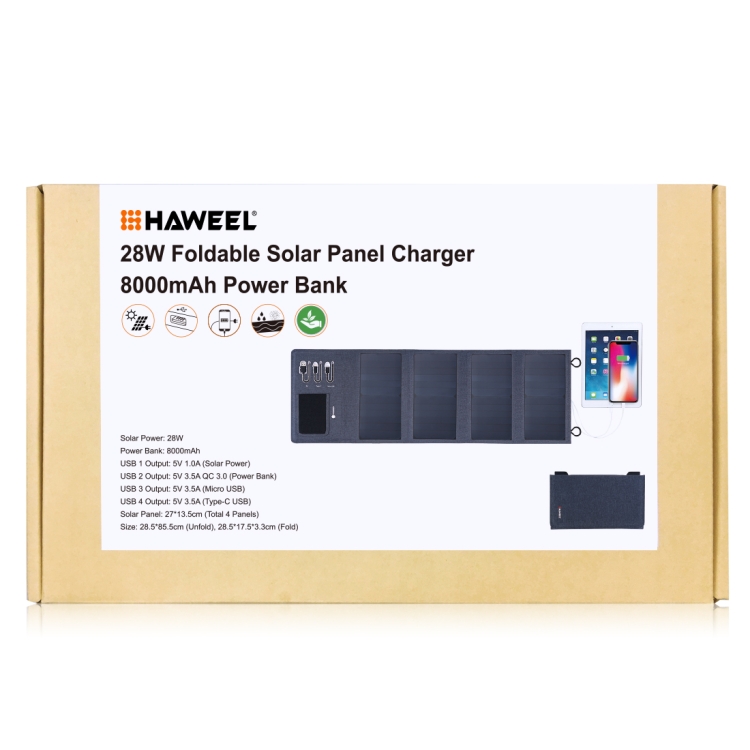 HAWEEL 28W Foldable Solar Panel Charger 8000mAh Power Bank with 5V 3.5A Max Dual USB Ports(Black) - 12