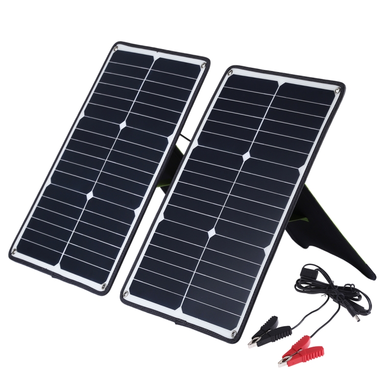 HAWEEL 2 PCS 20W Monocrystalline Silicon Solar Power Panel Charger, with USB Port & Holder & Tiger Clip, Support QC3.0 and AFC(Black) - 1