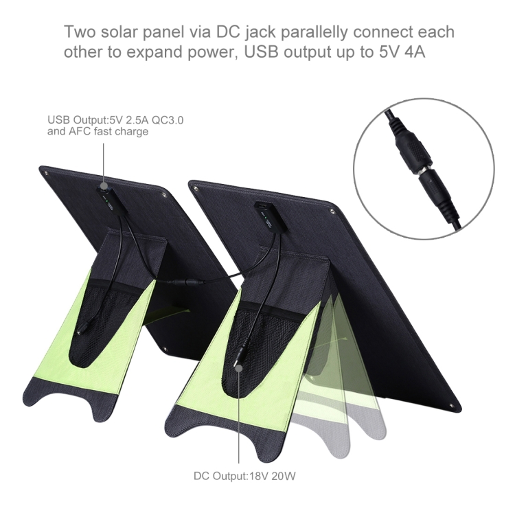 HAWEEL 2 PCS 20W Monocrystalline Silicon Solar Power Panel Charger, with USB Port & Holder & Tiger Clip, Support QC3.0 and AFC(Black) - 5
