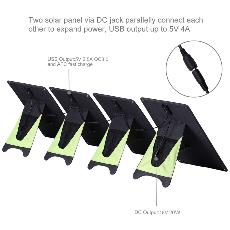 HAWEEL 4 PCS 20W Monocrystalline Silicon Solar Power Panel Charger, with USB Port & Holder & Tiger Clip, Support QC3.0 and AFC(Black) - 5
