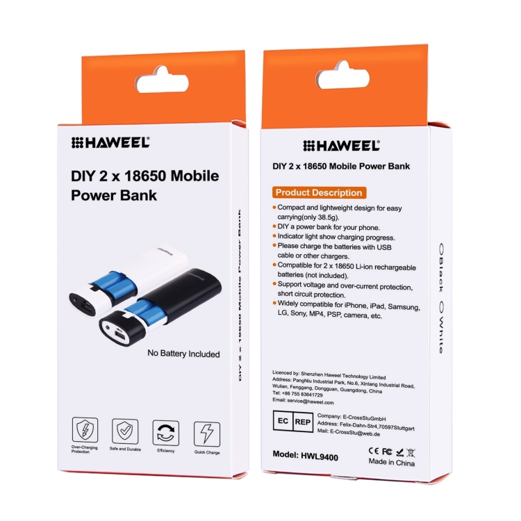 HAWEEL DIY 2x 18650 Battery (Not Included) 5600mAh Power Bank Shell Box with USB Output & Indicator(Black) - 12