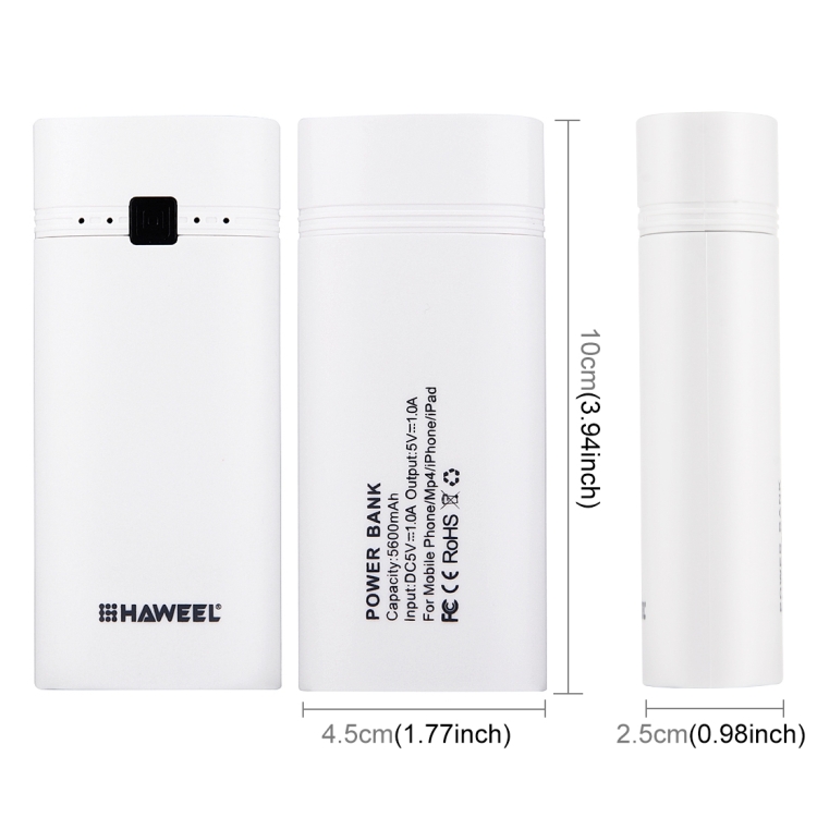 HAWEEL DIY 2x 18650 Battery (Not Included) 5600mAh Power Bank Shell Box with USB Output & Indicator(White) - 4