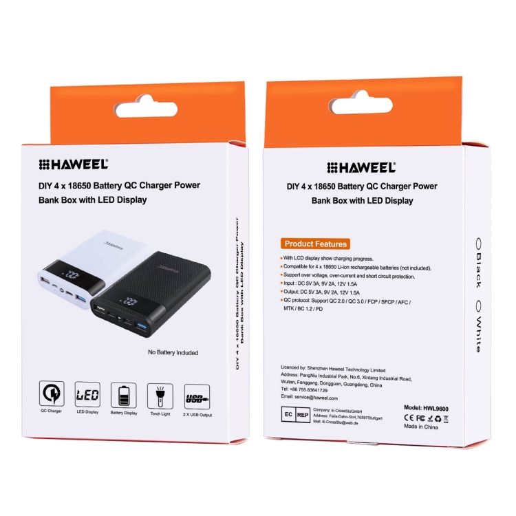 HAWEEL DIY 4x 18650 Battery (Not Included) 12000mAh Dual-way QC Charger Power Bank Shell Box with 2x USB Output & Display,  Support QC 2.0 / QC 3.0 / FCP / SFCP /  AFC / MTK / BC 1.2 / PD(Black) - 12