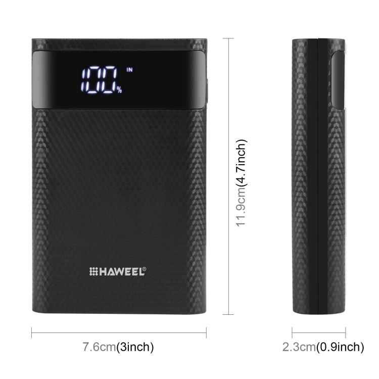 HAWEEL DIY 4x 18650 Battery (Not Included) 12000mAh Dual-way QC Charger Power Bank Shell Box with 2x USB Output & Display,  Support QC 2.0 / QC 3.0 / FCP / SFCP /  AFC / MTK / BC 1.2 / PD(Black) - 3