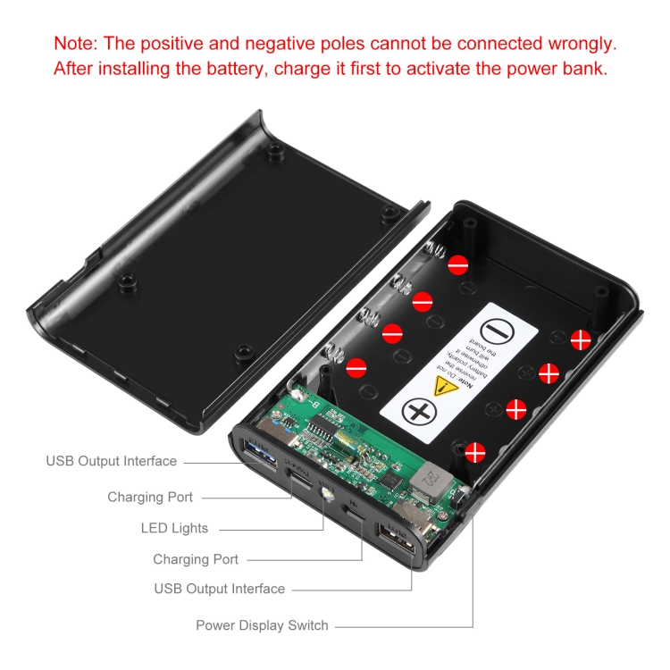 HAWEEL DIY 4x 18650 Battery (Not Included) 12000mAh Dual-way QC Charger Power Bank Shell Box with 2x USB Output & Display,  Support QC 2.0 / QC 3.0 / FCP / SFCP /  AFC / MTK / BC 1.2 / PD(Black) - 4