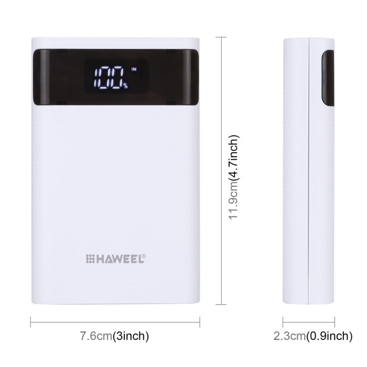 HAWEEL DIY 4x 18650 Battery (Not Included) 12000mAh Dual-way QC Charger Power Bank Shell Box with 2x USB Output & Display,  Support QC 2.0 / QC 3.0 / FCP / SFCP /  AFC / MTK / BC 1.2 / PD(White) - 3