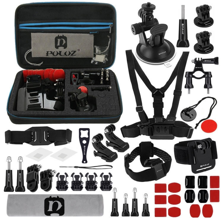 PULUZ 45 in 1 Accessories Ultimate Combo Kits with EVA Case (Chest Strap + Suction Cup Mount + 3-Way Pivot Arms + J-Hook Buckle + Wrist Strap + Helmet Strap + Surface Mounts + Tripod Adapter + Storage Bag + Handlebar Mount + Wrench) for GoPro HERO10 Black / HERO9 Black / HERO8 Black / HERO7 /6 /5 /5 Session /4 Session /4 /3+ /3 /2 /1, DJI Osmo Action and Other Action Cameras - 1