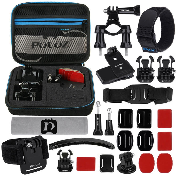 PULUZ 24 in 1 Bike Mount Accessories Combo Kits with EVA Case (Wrist Strap + Helmet Strap + Extension Arm + Quick Release Buckles + Surface Mounts + Adhesive Stickers + Tripod Adapter + Storage Bag + Handlebar Mount + Screws) for GoPro HERO10 Black / HERO9 Black / HERO8 Black / HERO7 /6 /5 /5 Session /4 Session /4 /3+ /3 /2 /1, DJI Osmo Action and Other Action Cameras - 1