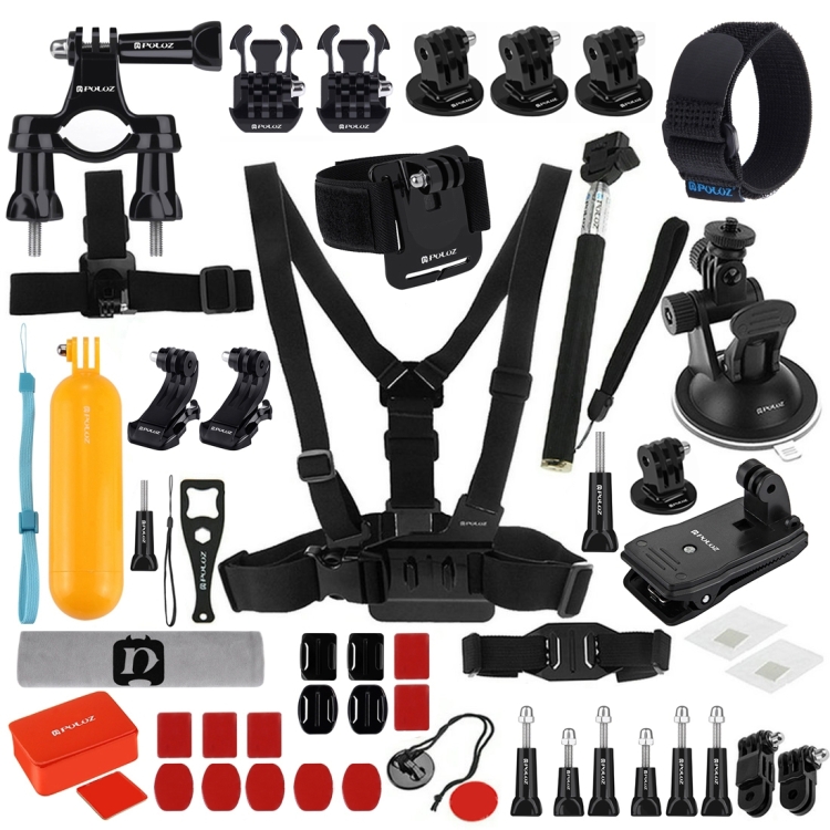 PULUZ 53 in 1 Accessories Total Ultimate Combo Kits (Chest Strap + Suction Cup Mount + 3-Way Pivot Arms + J-Hook Buckle + Wrist Strap + Helmet Strap + Extendable Monopod + Surface Mounts + Tripod Adapters + Storage Bag + Handlebar Mount) for GoPro HERO10 Black / GoPro HERO9 Black / HERO8 Black / HERO7 /6 /5 /5 Session /4 Session /4 /3+ /3 /2 /1, DJI Osmo Action and Other Action Cameras - 1